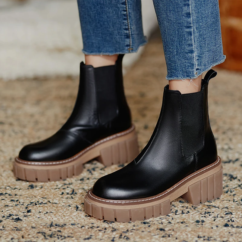 

Женские ботильоны на толстом каблуке, модная повседневная рабочая обувь из натуральной кожи на платформе разных цветов для осени и зимы