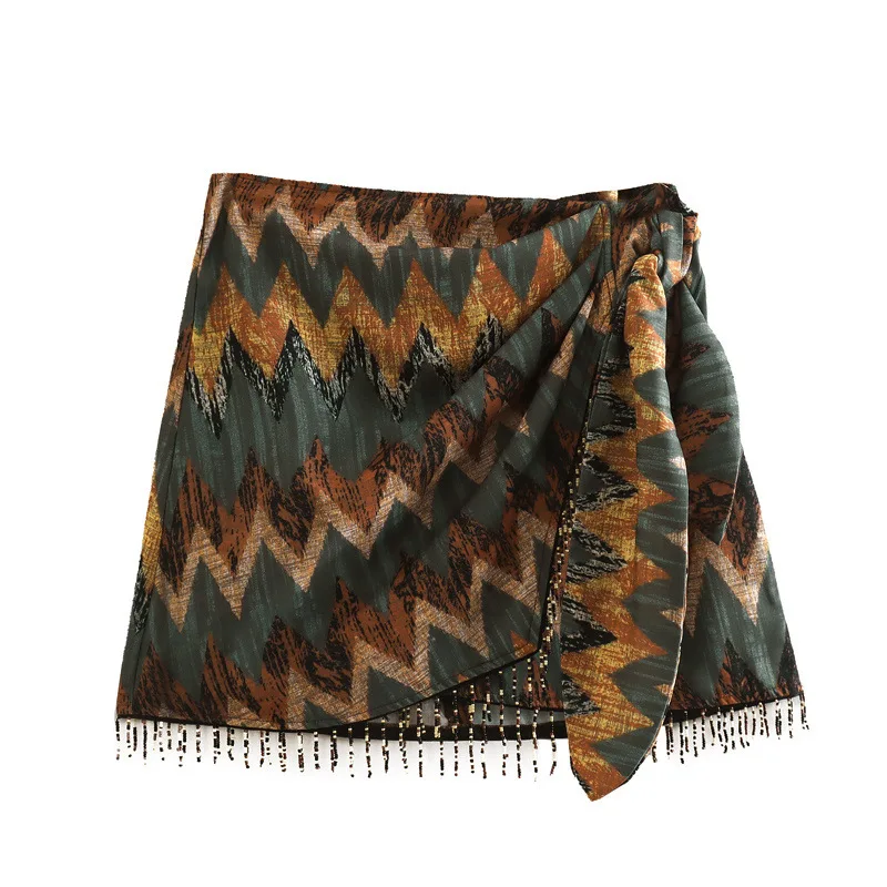 Summer New Vintage Geometric Print Mini Skirt Side Knotted Sarong Beaded Fringe Wrap Vestidos Casual Zip Short Skort Mujer