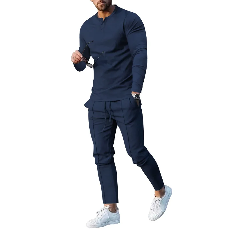 Men's Solid Henley Shirt Long Sleeve Pants Set Fashion Spot Autumn 2023 New Large Set Tracksuits  Clothes for Mens Clothes