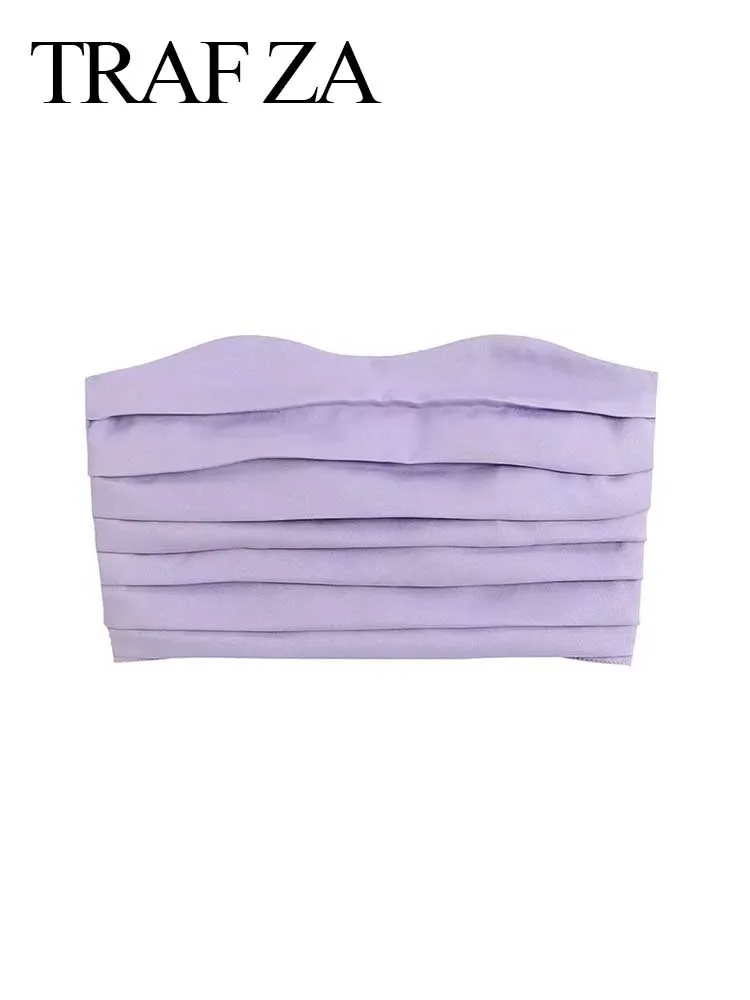 

TRAF ZA Tight Strapless Corset Solid Color Purple Tube Top Sleeveless Open Back Folding Short Top Vest Elegant Sexy Women Summer