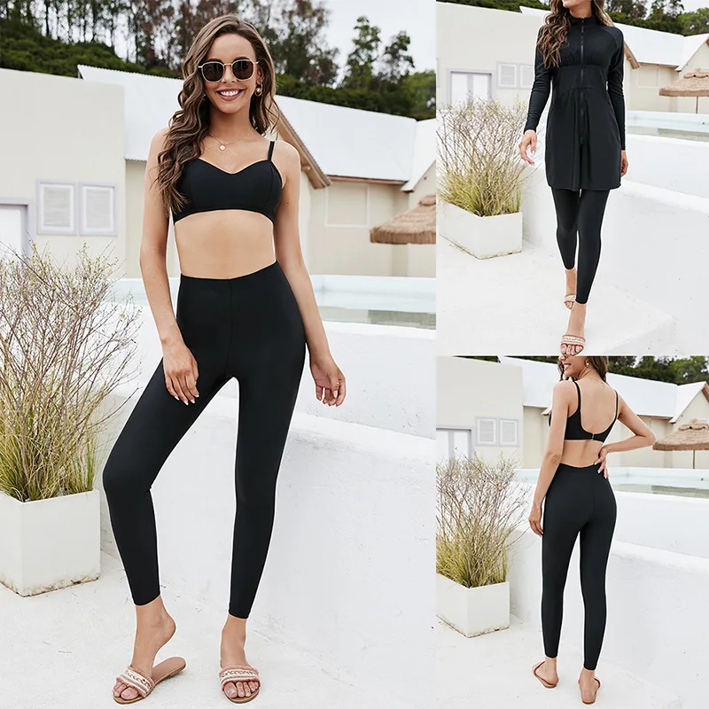 

Sexy Solid Color Suspender Swimsuit Three Piece Long Sleeved Top Tight Pants Swimsuit Women's Arabian Swimsuit New Style