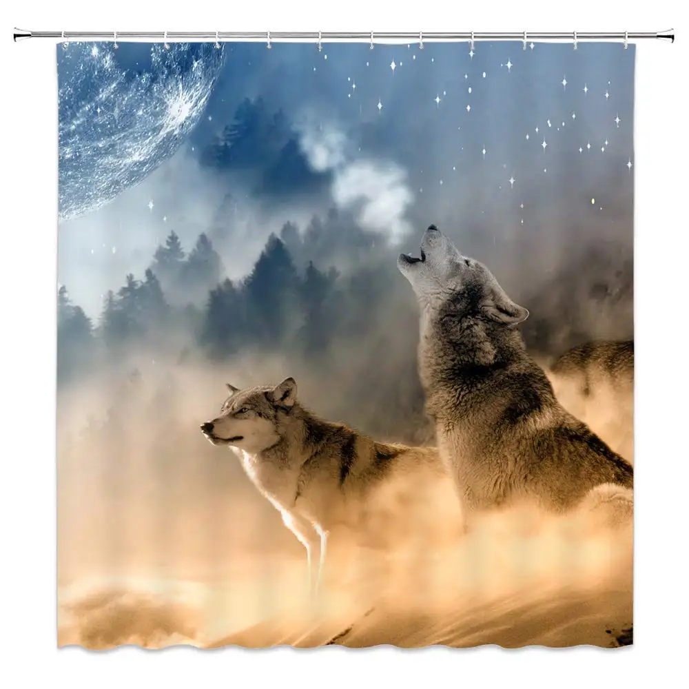 

Silhouette Shower Curtain White Howling Moon Light Mystic Decor Bathroom Set Waterproof with Hook Thunderstorm Animal