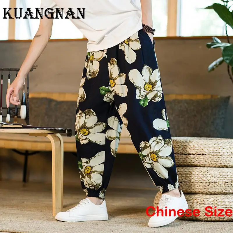 

KUANGNAN Cotton Linen Baggy Pants Men Trousers Men's Clothes Big Size Man Hip Hop Korean Streetwear Menswear Running 5XL 2023