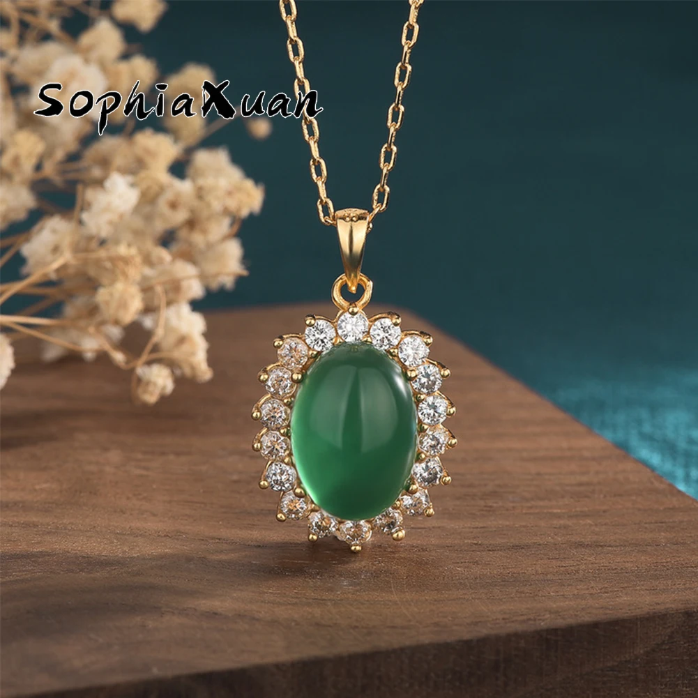 

SophiaXuan Gold Plated Rhinestone Embellished Green Onyx Pendant Necklace Simple Oval Agate Necklaces Jewelry For Women Party