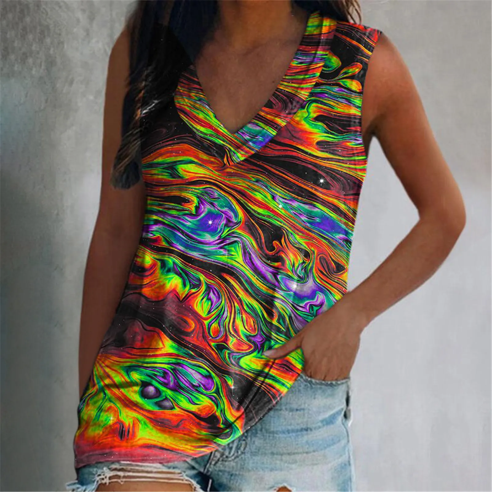 

Майка женская Свободная с 3D-принтом головы, повседневная тенниска без рукавов, пикантная майка с V-образным вырезом, уличная одежда, лето