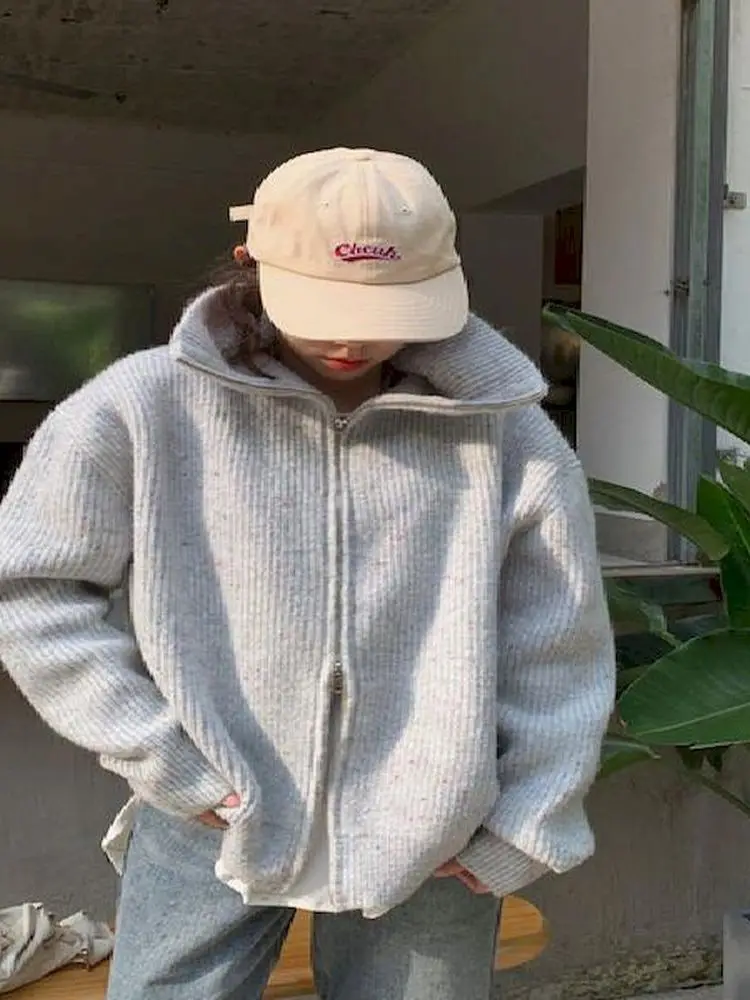 

Knitted Sweaters Cardigans Solid 2022 Knitwear Lapel Zipper Minimalist Loose Coat Chic Autumn Retro Women Casual New Tops Full