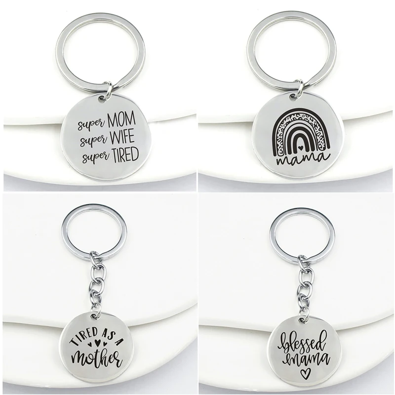

Mom Gift Stainless Steel Keychain 30mm Engraved Steel Pendant Keyring for Mother Day Gift Mama Jewelry