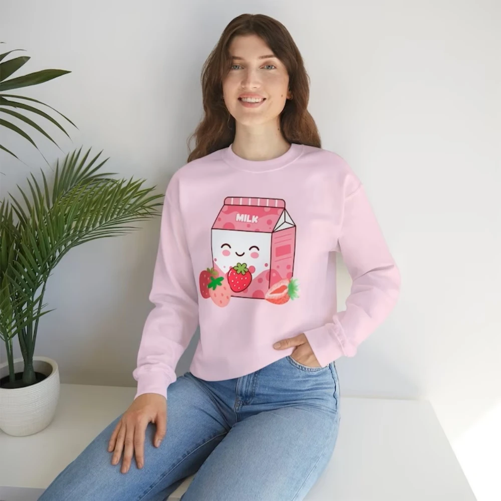 

Strawberry Milk Pullover Top Pink Berry Lover Y2k Kawaii Clothes Women Crewneck Sweatshirt Cute Coquette Trendy Aesthetic Shirt