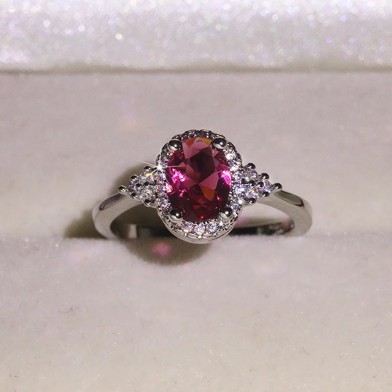 

NEW Luxury Two-Tone Oval Ruby Full Diamond Couple Ring For Women Red Geometric Zircon Christmas Gift Party Jewelry
