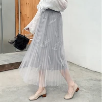 2021 new spring summer autumn nail bead feather embroidery gauze sweet pleated long skirt lady girl gray dress