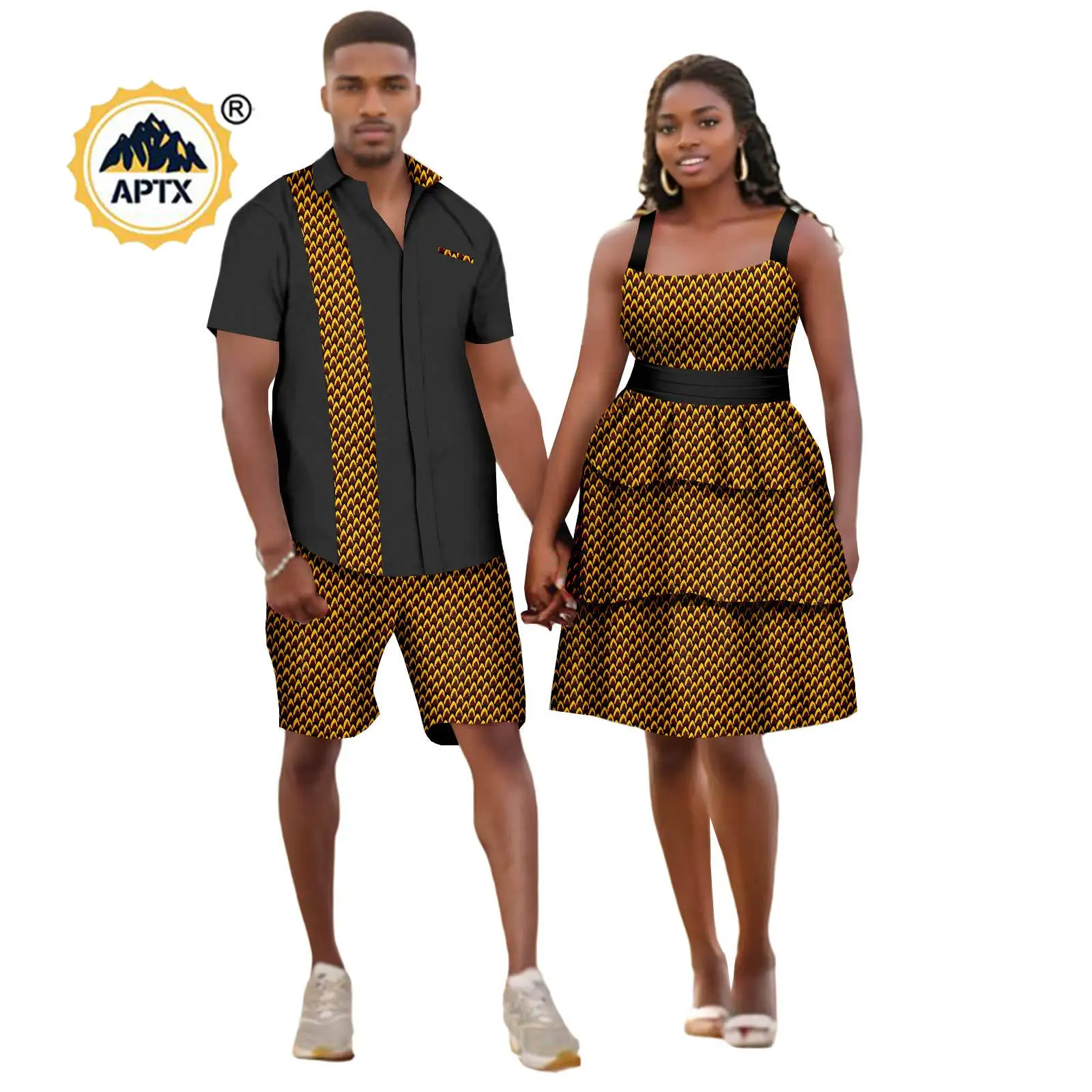 African Sexy Print Ruffles Dresses Matching Couple Outfits Bazin Dashiki Men Shirt Top and Pant Sets 24C071