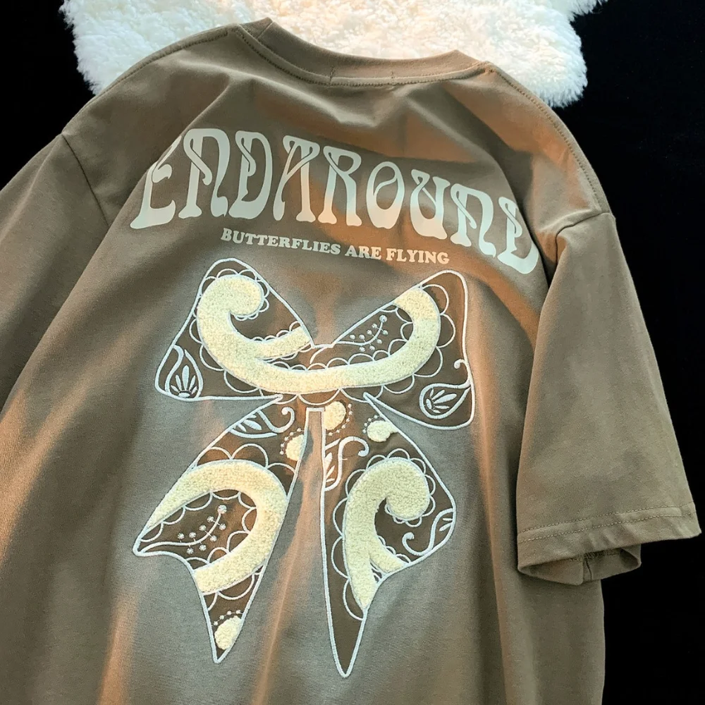 

100% Cotton Pink Butterfly Printed Oversized T-shirt Women Unisex Short Sleeve Loose Casual Tees Korean Japanese Fashion Summer