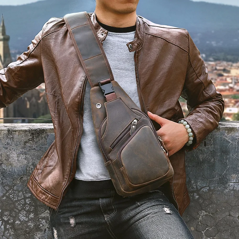 

Men Original Crazy horse Leather Casual Triangle Crossbody Chest Sling Bag Design Travel One Shoulder Bag Daypack Male 8015