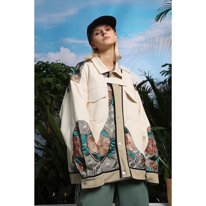 

Fashion Couple Spring Jacket 2021 New Canvas Stitching Lace Flower Coats Single Breasted Men's Casual Loose Lapel Cotton Jackets