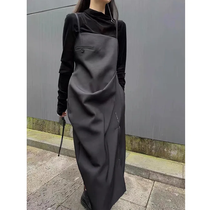 

2022 Spring New Irregular Suspender Skirt Two-piece Female Gray Suspender Suit Midi Dress Black Pullover