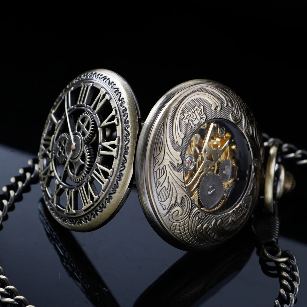 Antique bronze gear hollow mechanical manual pocket watch blue Roman digital skull dial pendant automatic antique clock