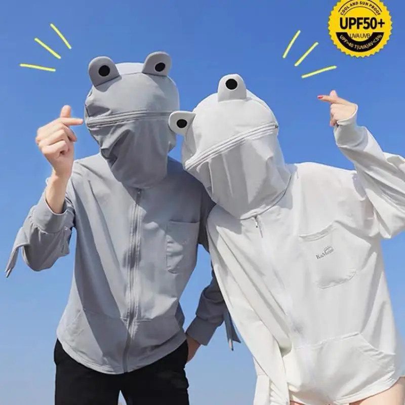 

Cute Frog Summer Cardigan For Women And Men Thin Sunscreen Jacket Ladies Coat Hooded UV Sun Protection Couples Beach Outwear New