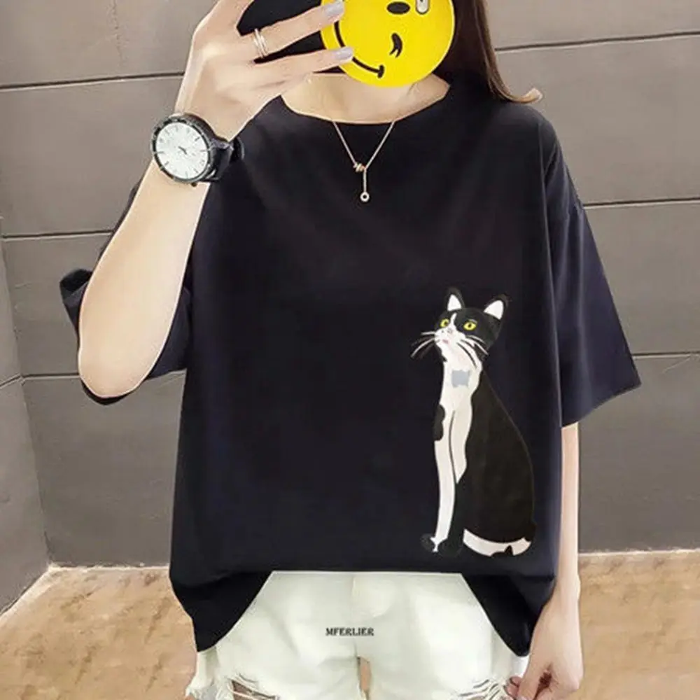 

Large Size 6XL 150KG Women Summer t shirt women tops Big Size Cartoon Cat Print Femme tee O Neck Big Tops Oversized Tees