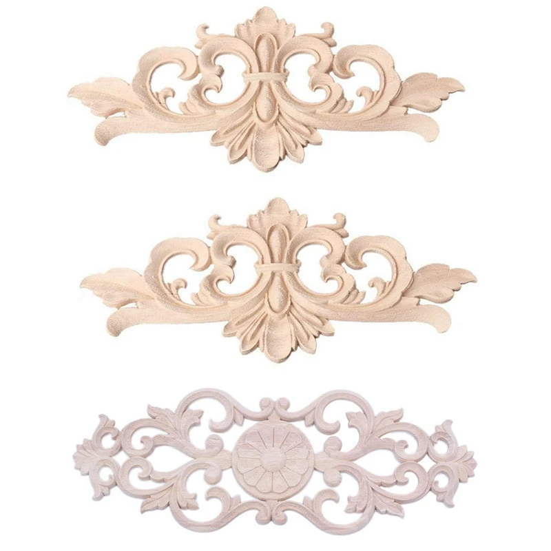 

3 Pcs Rubber Wood Carved Applique Retro Furniture Crafts Decor 40X15cm & 22X10cm