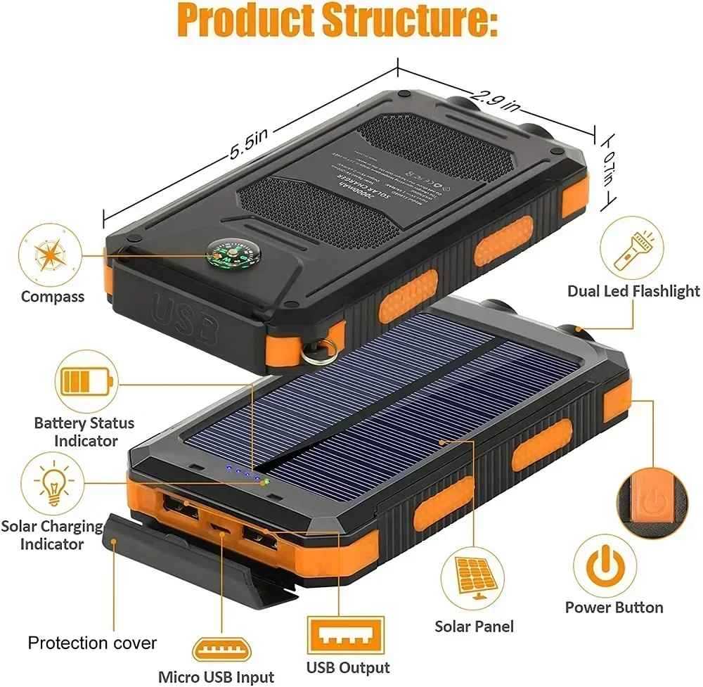 200000 mAh Solar Power Bank Водонепроницаемый мобильный аккумулятор большой емкости Быстрая