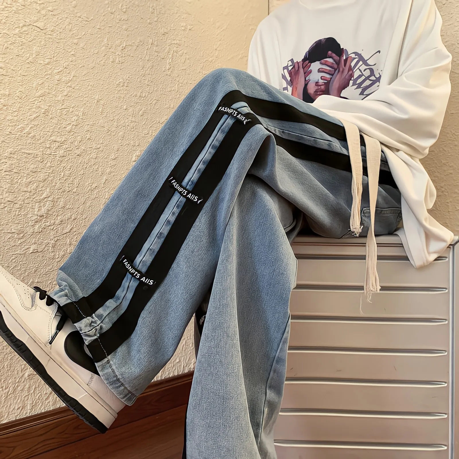 High Waist Stripe Jeans Man New Vintage Harajuku Straight Pants Baggy Embroidery Y2k Streetwear Korean Fashion Hip Hop Trousers