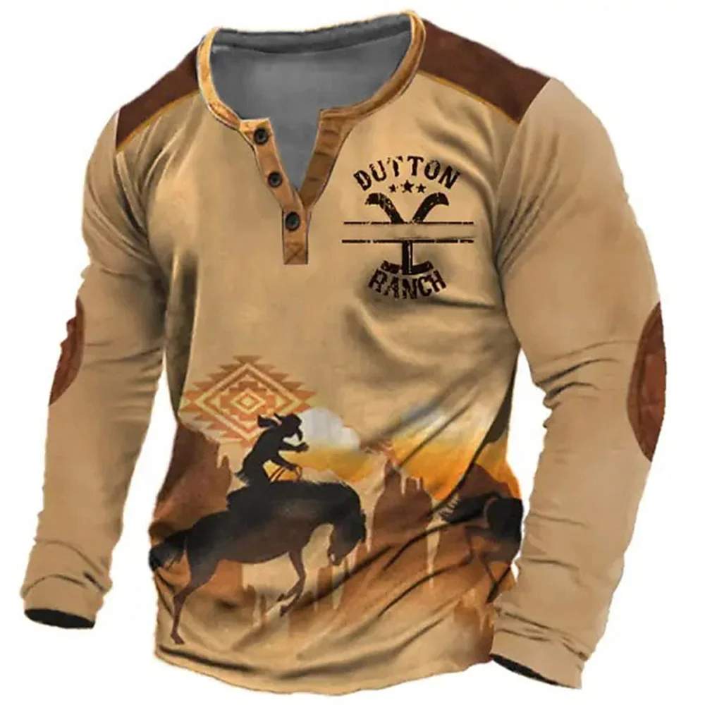 

Vintage Men's T-Shirts With Button Ethnic Pattern Print Spring Autumn Loose O-Neck Long Sleeve Oversized T Shirts Male Clothing