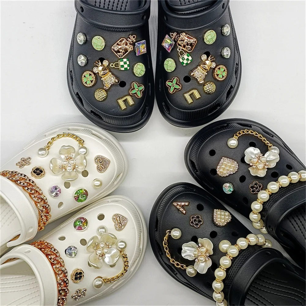 Croc Charms Jibz Metal Diy Pearl Rhinestone Shoe Croc Charms Luxury Designer Accessories  Decorate Buckle Girl Gift