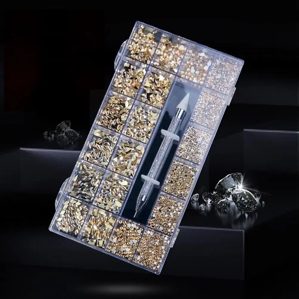 

Luxury Shiny Nail Art Rhinestones Kit 21 Grids Boxed Up Pen 2500pcs Big Pick 600pcs Flat Diamonds Back Crystals With Diamon C2y7