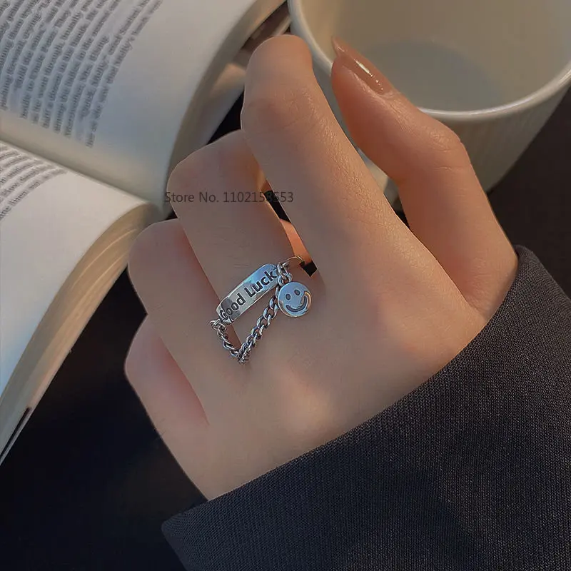 

SMILEY 925 Silver Smiley English Ring Female Retro Chain Multi-layer Winding Opening Adjustable Index Finger Ring