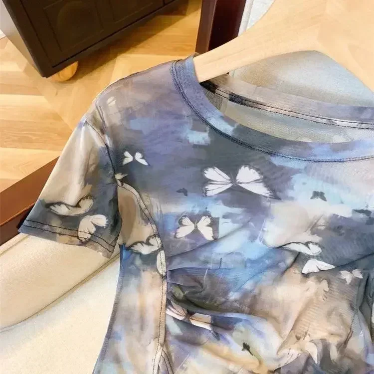 2024 женская летняя новая кружевная рубашка с принтом тай-дай футболка