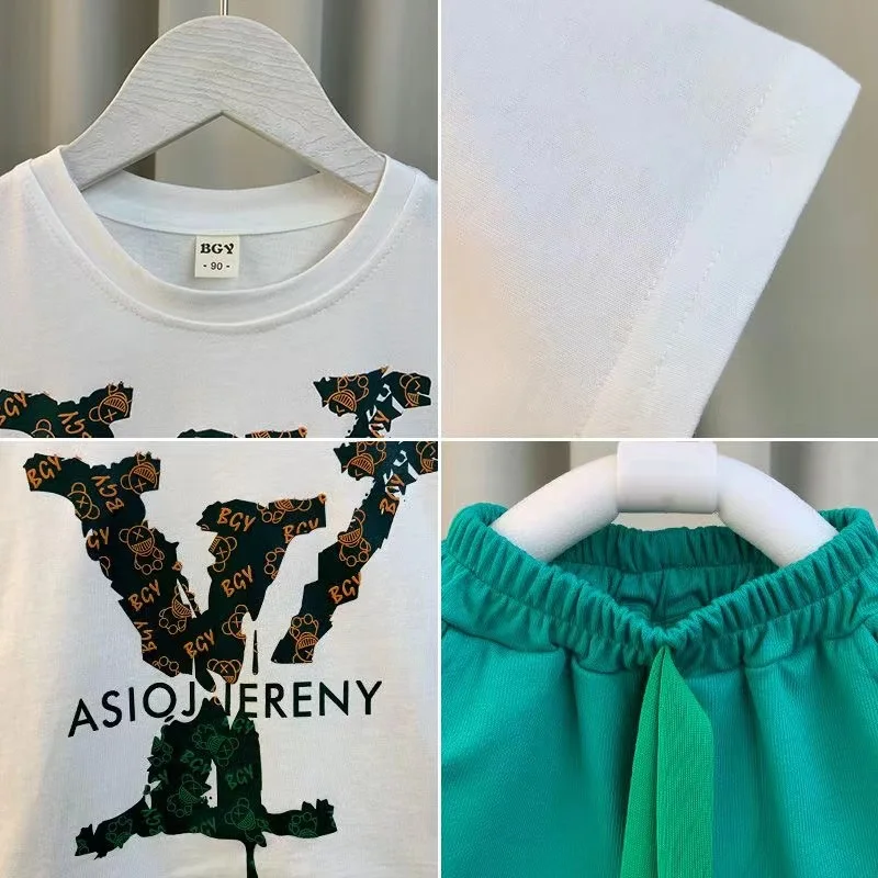 2 шт. футболка с коротким рукавом и синие брюки для мальчиков