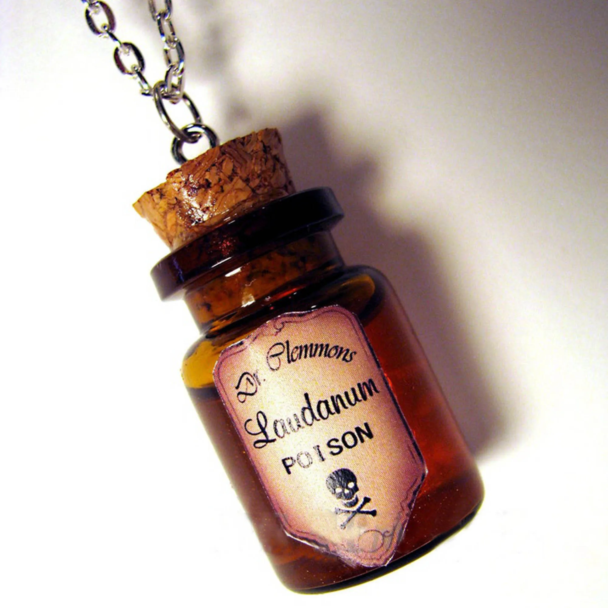 Laudanum Poison Glass Bottle Cork Necklace with Label Old Vintage Antique Medicinal Apothecary Potion Vial Charm