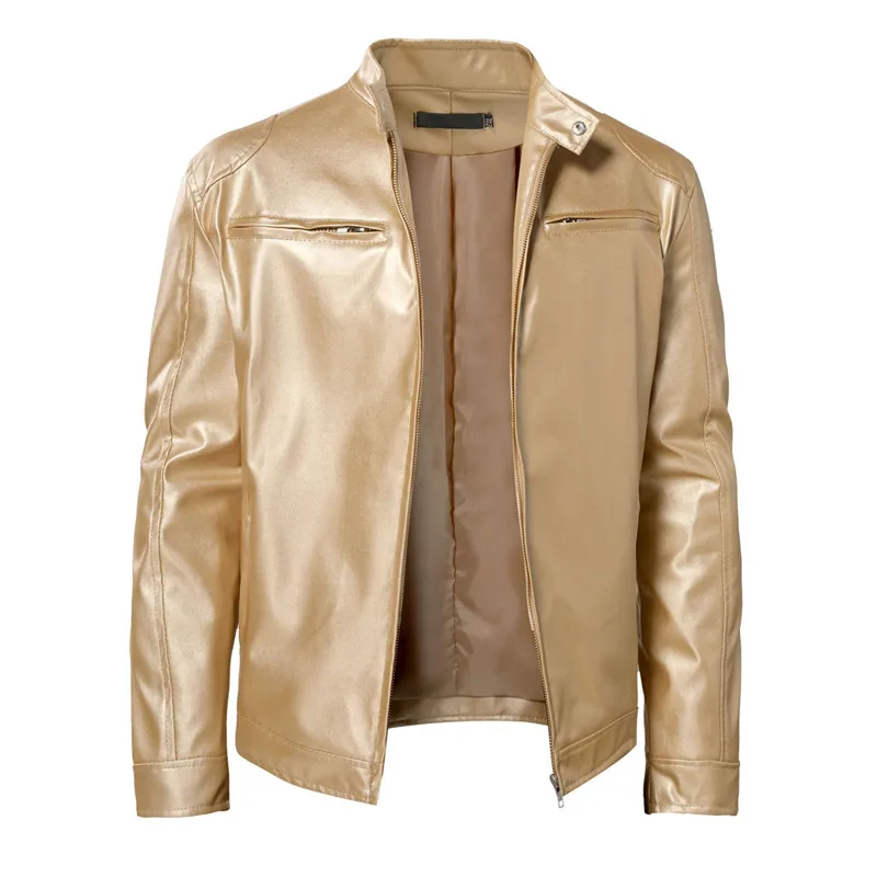 

New handsome men's trend high-end business gentleman plus fleece thick zipper cardigan stand-up collar large size leather coat