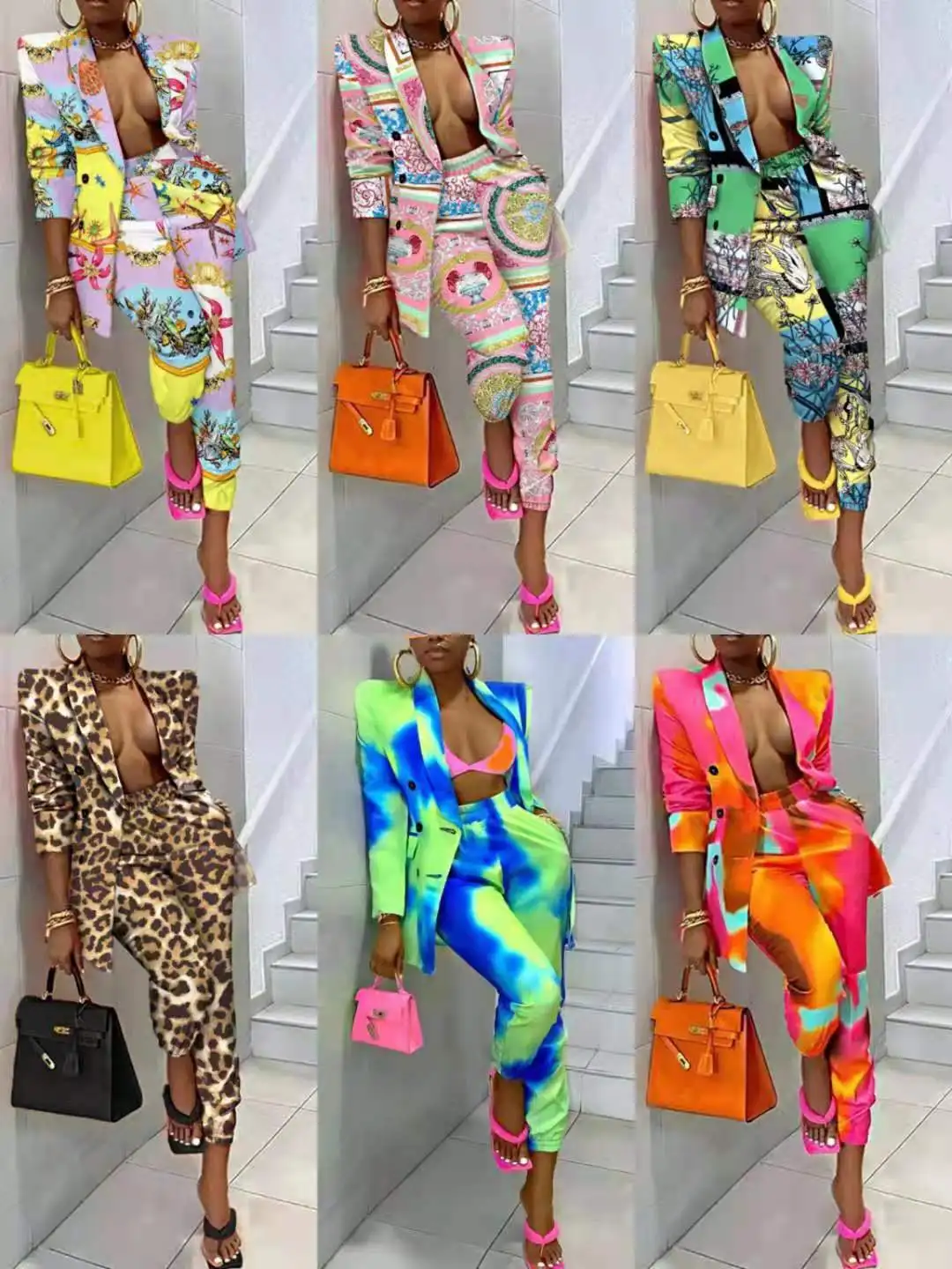 Two Piece Set Women Clothes For Ladies Outfits Lapel Collar Double Breasted Blazer Suit Pants Set Leopard Print Suit
