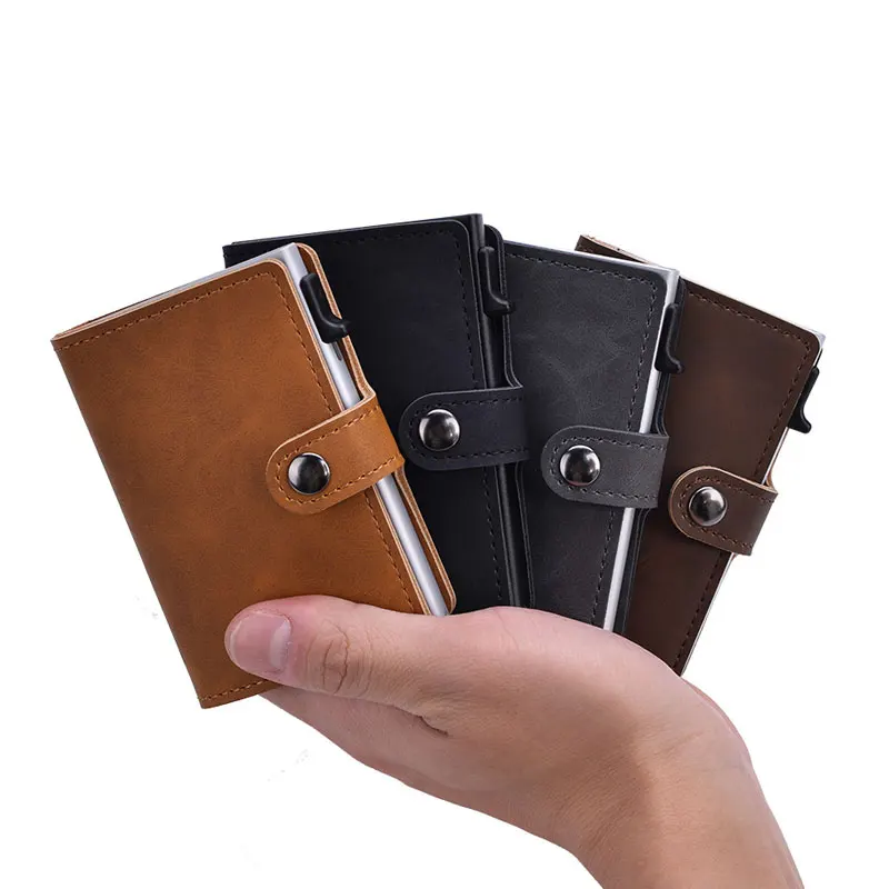 blocking vintage men credit card holder aluminum alloy business id card case automatic male metal leather cardholder wallet 2021 free global shipping