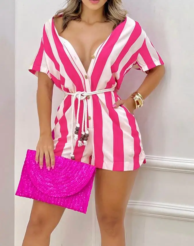 

2023 Woman Short Jumpsuits Elegant Striped Print Button Front Romper Female New Fashion Casual One Pieces
