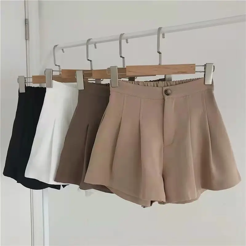 Summer Korean Fashion Shorts Women Simple Button Solid Color Folds High Waist Shorts Student Style Female Clothing Shorts y2k