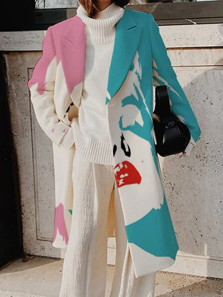 Зимнее длинное теплое Женское пальто с принтом лица свободная повседневная