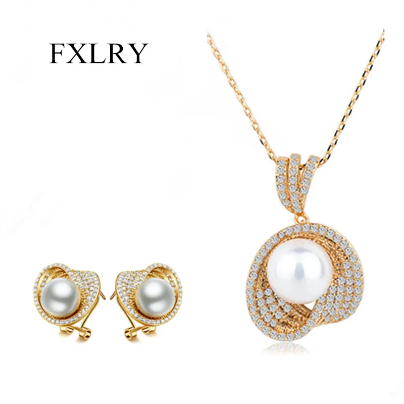 

FXLRY Luxury Champagne Gold-Color Imitation Pearl Stud Earrings Pendant Necklace For Women Bride Wedding Jewelry Sets