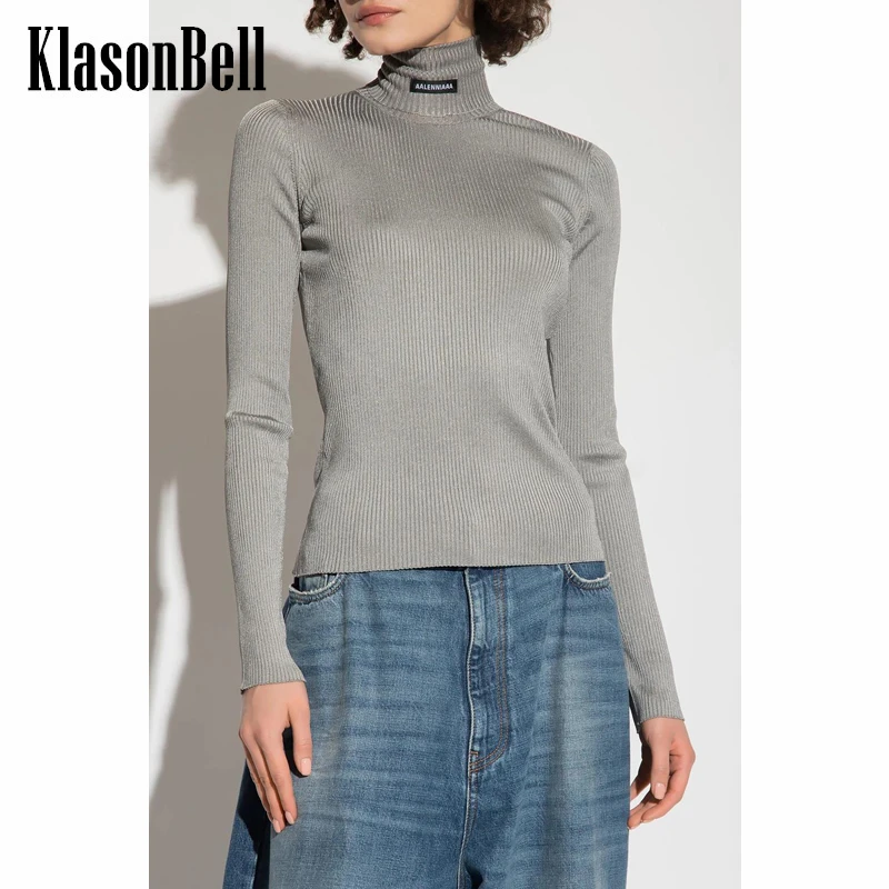 

12.28 KlasonBell Letter Label Turtleneck Stretch Slim Knitted Long Sleeve Pullover Knitwear Women
