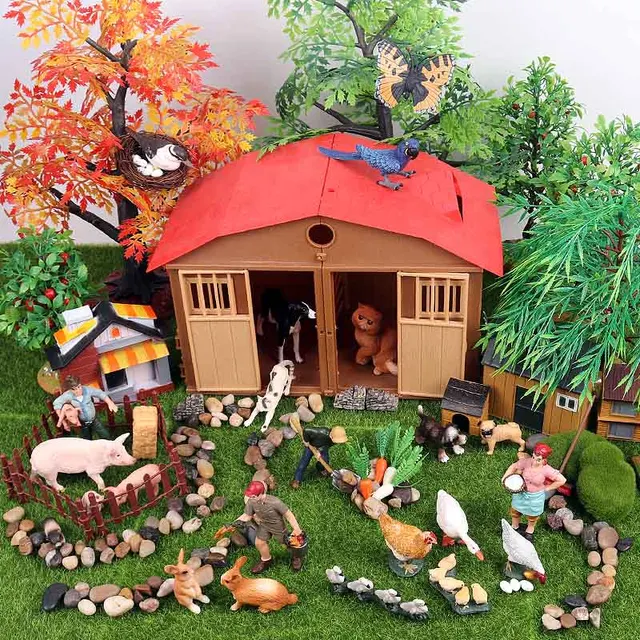 Oenux Zoo Farm House Model Action Figures Farmer Cow Hen Duck Poultry Animals Set Figurine Miniature Lovely Educational Kids Toy 2