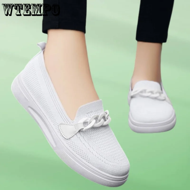 

WTEMPO Stretch Knit Flat Shoes Women Summer Moccasins Chain Casual Loafers Slip on Sneaker Breathable Mesh Flats Wholesale