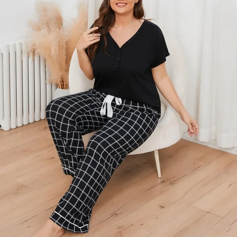 Женские брючные пижамные комплекты больших размеров на весну и лето топы с