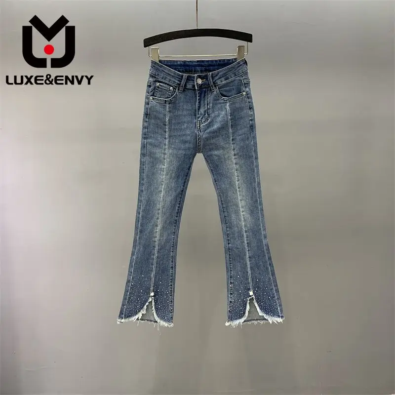 

LUXE&ENVY Hot Rolled Diamond Micro Flared Jeans Women's 2023 Summer Fashionable Fur Edge Split High Waist Slim 9/4 Flared