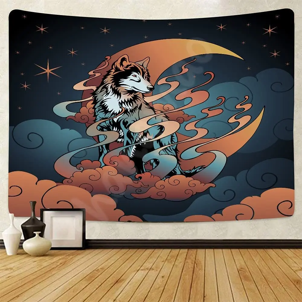 

Wolf Tapestry Crescent Moon Wall Tapestry Cloud And Star In Night With Blood Moon Living Bedroom Decor Wild Animals Dorm