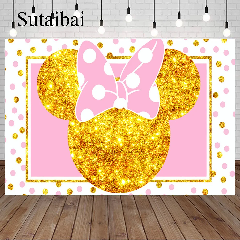 

Disney Cartoon Minnie Mouse Pink Dots Golden Head Background For Girls Birthday Party Baby Shower Decoration Banner Backdrop