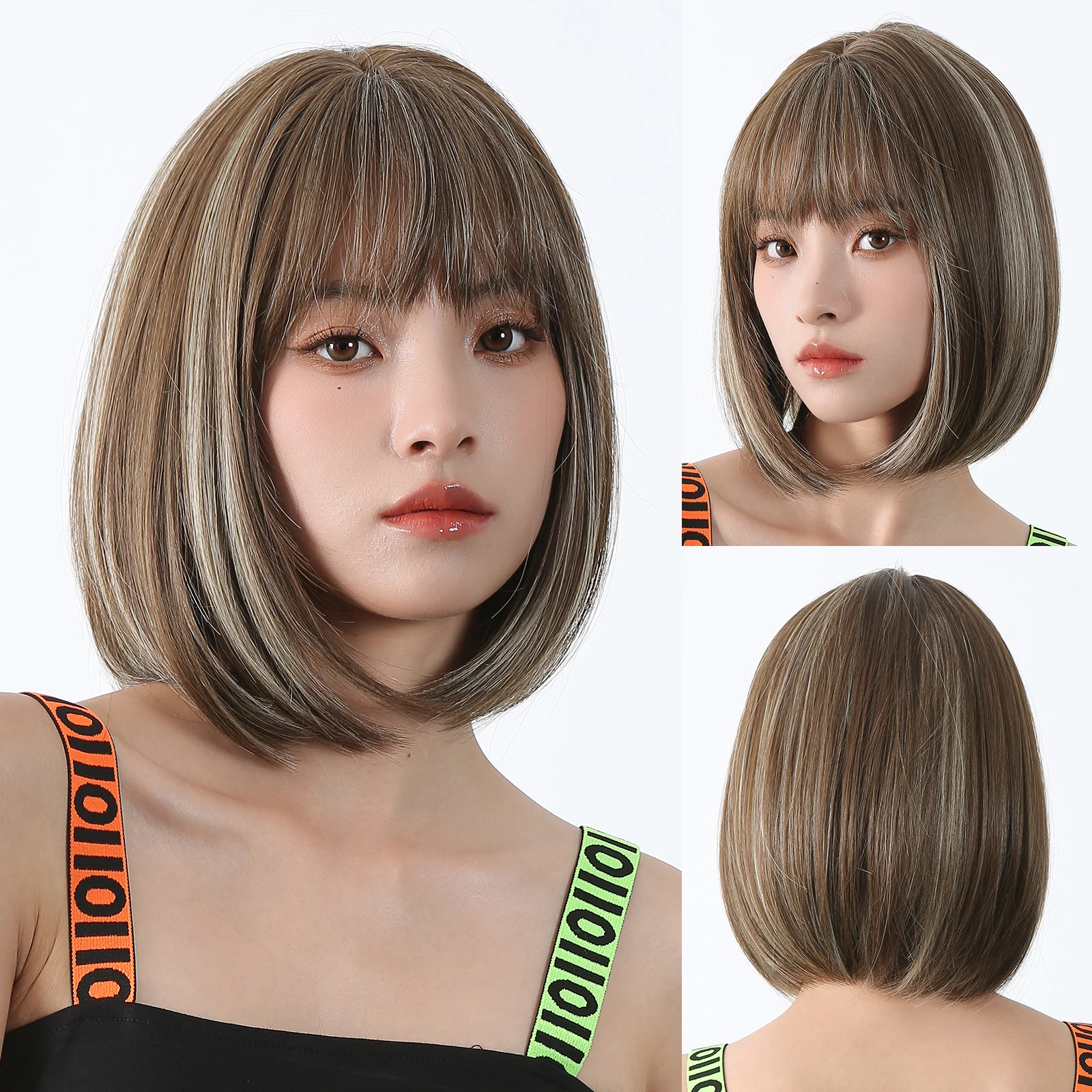 

Short Straight Brown Mixed White BoB Synthetic Wigs with Bangs Natural Cosplay Hair Wig for Women Heat Resistant Daily Use