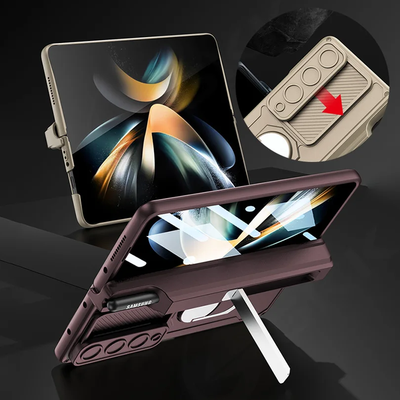 

Magnetic Hinge Shockproof Armor Case For Samsung Galaxy Z Fold 4 5G Fold4 Slide Lens Cover With Glass Ring Holder Kickstand Case