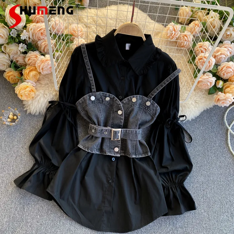 

Fashion Style 2 Piece Set Denim Camis Vest +Turn-down Collar Single Breasted Puff Sleeve Women Shirts Casual Blouse Tops