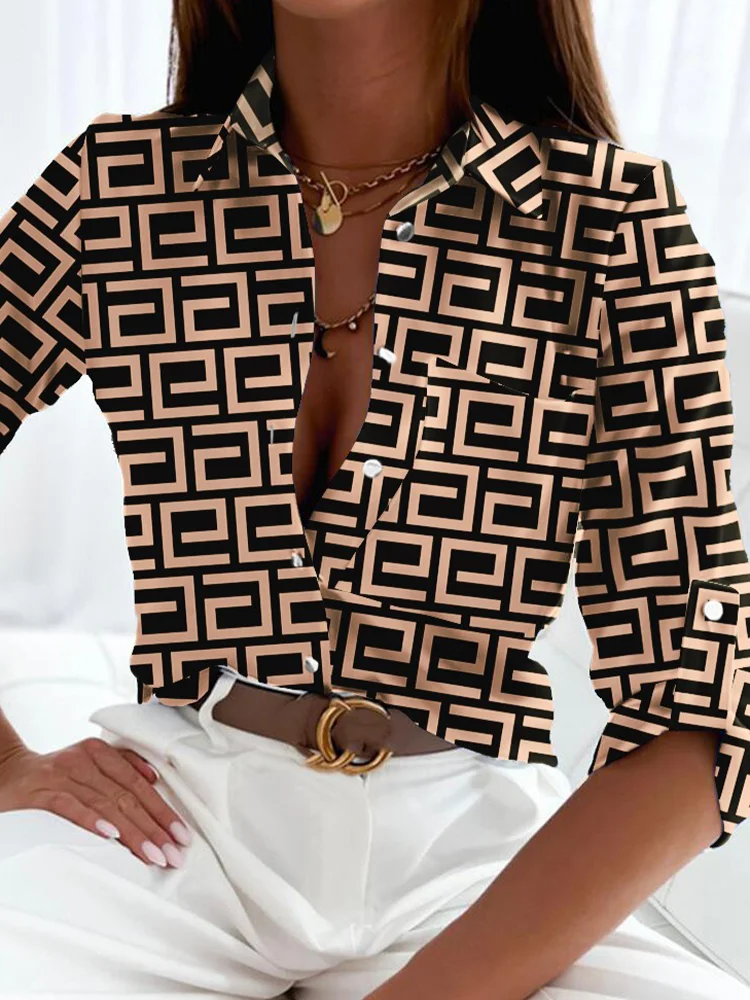 

Printed Shirt Women's Casual Office Autumn Fashion Buttons Long Sleeved White Shirt Elegant Stitching Slim Fitting Top Women's